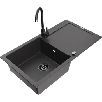 Granitový dřez Mexen Leo granitový dřez 1-komorový s odkapávačem a kuchyňskou baterií Telma, černý skvrnitý - 6501-76-670200-70-B Granitové dřezy s baterií