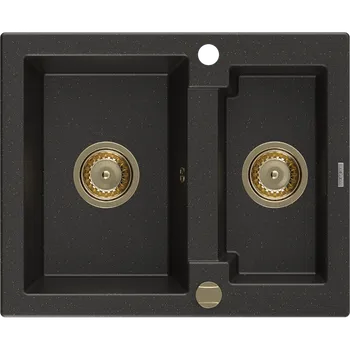 Granitový dřez Mexen Carlos žulový dřez 1,5-komorový 582 x 475 mm, černý/zlatý metalik, sifon zlatý - 6518581500-75-G Granitové dřezy