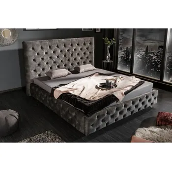 Postel Luxusní chesterfield manželská postel Kreon s tmavě šedým sametovým potahem as vysokým čelem 180x200cm