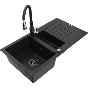 Granitový dřez Mexen Matias granitový dřez 1,5-komorový s odkapávačem a kuchyňskou baterií Savita, černý - 6502-77-672601-70-B Granitové dřezy s baterií