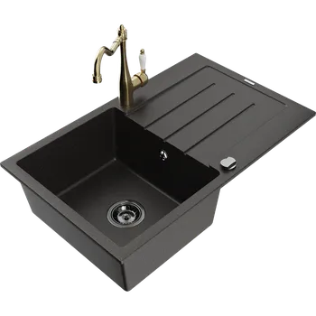 Granitový dřez Mexen Bruno granitový dřez s 1 komorou a odkapávačem a kuchyňskou baterií Carla, černý/zlatý metalik - 6513-75-670700-50-B Granitové dřezy s baterií