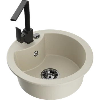 Granitový dřez Mexen Diego granitový dřez 1-komorový s kuchyňskou baterií Rita, béžový - 6512-69-670300-70 Granitové dřezy s baterií