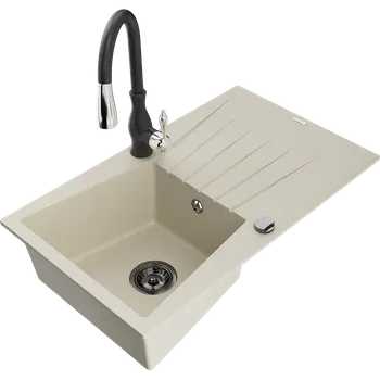 Granitový dřez Mexen Cesar granitový dřez 1-komorový s odkapávačem a kuchyňskou baterií Savita, béžový - 6514-69-672601-70 Granitové dřezy s baterií