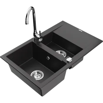 Granitový dřez Mexen Gaspar granitový dřez 1,5-komorový s odkapávačem a kuchyňskou baterií Telma, černý - 6507-77-670200-00 Granitové dřezy s baterií