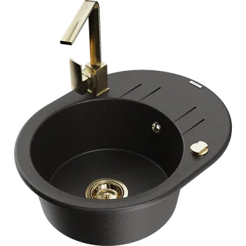 Granitový dřez Mexen Kevin granitový dřez 1-komorový s odkapávačem a kuchyňskou baterií Rita, černý/zlatý metalik - 6517-75-670300-50 Granitové dřezy s baterií