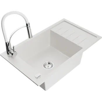 Granitový dřez Mexen Elias granitový dřez s odkapávačem a kuchyňskou baterií Aster, bílý - 6511-20-73450-02 Granitové dřezy s baterií