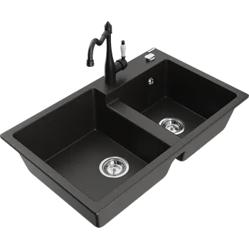 Granitový dřez Mexen Tomas granitový dřez 2-komorový s kuchyňskou baterií Carla, černý/zlatý metalický - 6516-75-670700-70 Granitové dřezy s baterií