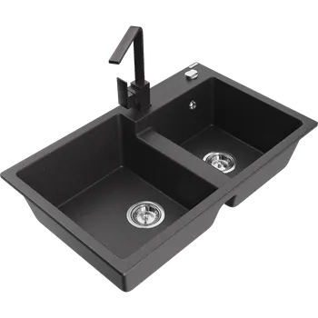 Granitový dřez Mexen Tomas žulový dřez s 2 komorami a kuchyňskou baterií Rita, černý skvrnitý - 6516-76-670300-76 Granitové dřezy s baterií