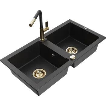 Granitový dřez Mexen Mario dřez granitový 2-komorový s kuchyňskou baterií Flora, černý/stříbrný metalik - 6504-73-670401-57-G Granitové dřezy s baterií