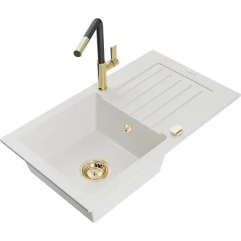 Granitový dřez Mexen Pablo granitový dřez s 1 komorou s odkapávačem a kuchyňskou baterií Flora, bílý - 6510-20-670401-57-G Granitové dřezy s baterií