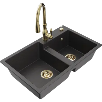 Granitový dřez Mexen Tomas granitový dřez 2-komorový s kuchyňskou baterií Savita, černý puntíkovaný - 6516-76-672601-50 Granitové dřezy s baterií