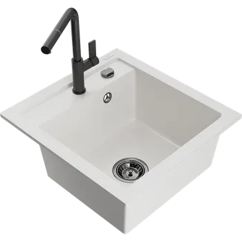 Granitový dřez Mexen Vito granitový dřez 1-komorový s kuchyňskou baterií Flora, bílý - 6503-20-670401-70-B Granitové dřezy s baterií
