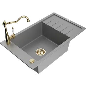 Mexen Elias granitový dřez 1-komorový s odkapávačem a kuchyňskou baterií Carla, šedý - 6511-71-670700-50 Granitové dřezy s baterií
