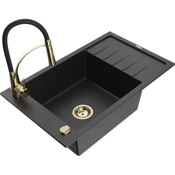 Granitový dřez Mexen Elias granitový dřez 1-komorový s odkapávačem a kuchyňskou baterií Aster, černý/stříbrný metalík - 6511-73-73450-57-G Granitové dřezy s baterií