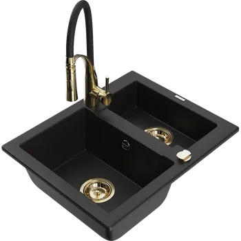 Granitový dřez Mexen Carlos žulový dřez 1,5-komorový s kuchyňskou baterií Aster, černý - 6518-77-73450-57-G Granitové dřezy s baterií