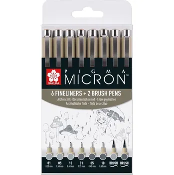 Fixativ Sakura Pigma Micron Grey sada 6+2 (6x micron šedý, 2x štetečkový šedý)