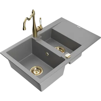 Granitový dřez Mexen Gaspar žulový kuchyňský dřez 1,5-komorový s odkapávačem a kuchyňskou baterií Carla, šedý - 6507-71-670700-50 Granitové dřezy s baterií