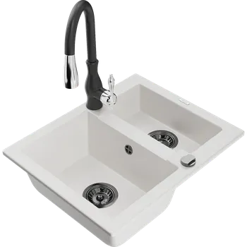 Granitový dřez Mexen Carlos granitový dřez 1,5-komorový s kuchyňskou baterií Savita, bílý - 6518-20-672601-70 Granitové dřezy s baterií