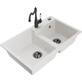 Granitový dřez Mexen Tomas granitový dřez 2-komorový s kuchyňskou baterií Carla, bílý - 6516-20-670700-70 Granitové dřezy s baterií