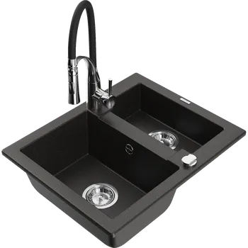 Granitový dřez Mexen Carlos granitový dřez 1,5-komorový s kuchyňskou baterií Aster, černý/zlatý metalický - 6518-75-73450-07 Granitové dřezy s baterií