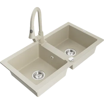 Granitový dřez Mexen Mario dvoukomorový dřez z granitu s kuchyňskou baterií Elia, béžový - 6504-69-670101-69 Granitové dřezy s baterií