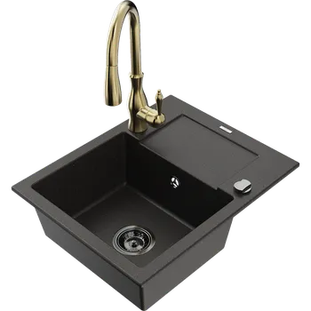 Granitový dřez Mexen Enzo granitový dřez 1-komorový s odkapávačem a kuchyňskou baterií Savita, černý/zlatý metalický - 6506-75-672601-50-B Granitové dřezy s baterií