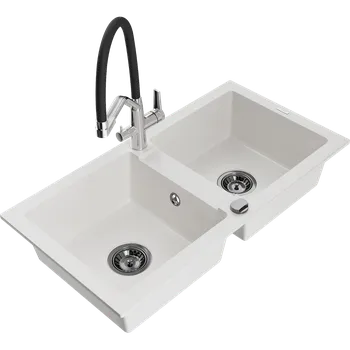 Granitový dřez Mexen Mario žulový dřez 2-komorový s kuchyňskou baterií Duo, bílý - 6504-20-671701-07-B Granitové dřezy s baterií