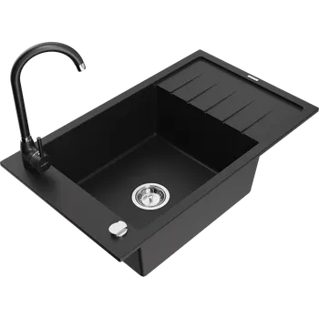 Granitový dřez Mexen Elias granitový dřez 1-komorový s odkapávačem a kuchyňskou baterií Telma, černý - 6511-77-670200-70 Granitové dřezy s baterií