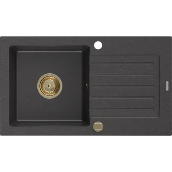 Granitový dřez Mexen Pablo žulový dřez s odkapávačem, 1-komorový, 752 x 436 mm, černý s tečkami, zlatý sifon - 6510751010-76-G Granitové dřezy