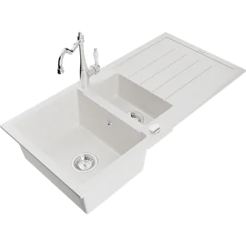 Granitový dřez Mexen Andres granitový dřez 1,5-komorový s odkapávačem a kuchyňskou baterií Carla, bílý - 6515-20-670700-00 Granitové dřezy s baterií