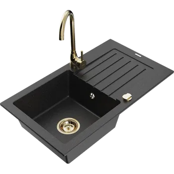 Granitový dřez Mexen Pablo jednokomorový žulový dřez s odkapávačem a kuchyňskou baterií Telma, černý/stříbrný - 6510-73-670200-50 Granitové dřezy s baterií