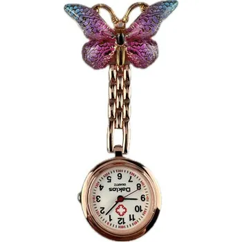 Hodinky Kovové bronzové připínací kapesní hodinky s motýlkem nejen pro zdravotní sestru - Růžový motýl