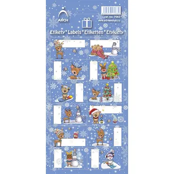 samolepka Arch Vánoční etikety samolepky na dárky Jelínek s čepicí, modrý arch 12 etiket