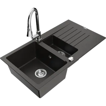 Granitový dřez Mexen Matias granitový dřez 1,5komorový s odkapávačem a kuchyňskou baterií Elia, černý/zlatý metalik - 6502-75-670101-00 Granitové dřezy s baterií