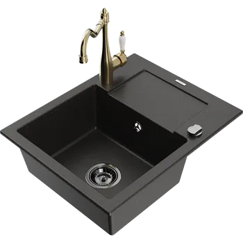Granitový dřez Mexen Enzo granitový dřez s jednou komorou, odkapávačem a kuchyňskou baterií Carla, černý/zlatý metalik - 6506-75-670700-50-B Granitové dřezy s baterií