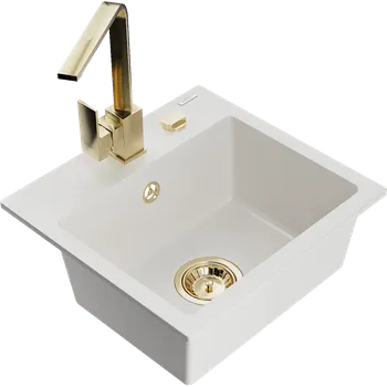 Granitový dřez Mexen Milo granitový jednodřez s kuchyňskou baterií Rita, bílý - 6505-20-670300-50 Granitové dřezy s baterií