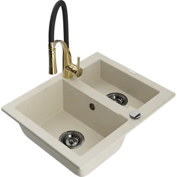 Granitový dřez Mexen Carlos žulový dřez 1,5 komorový s kuchyňskou baterií Aster, béžový - 6518-69-73450-57-B Granitové dřezy s baterií