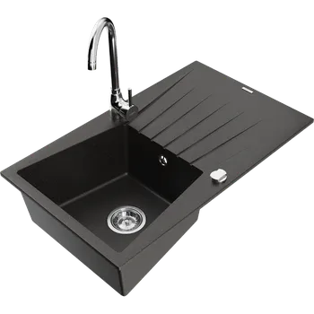 Granitový dřez Mexen Cesar jednovanový granitový dřez s odkapávačem a kuchyňskou baterií Telma, černá/zlatá - 6514-75-670200-00 Granitové dřezy s baterií