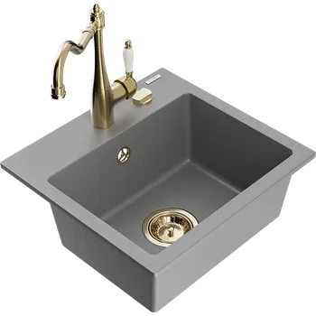 Granitový dřez Mexen Milo žulový dřez s 1 komorou a kuchyňskou baterií Carla, šedý - 6505-71-670700-50 Granitové dřezy s baterií