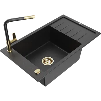 Granitový dřez Mexen Elias granitový dřez 1-komorový s odkapávačem a kuchyňskou baterií Flora, černý/stříbrný metalik - 6511-73-670401-57-G Granitové dřezy s baterií