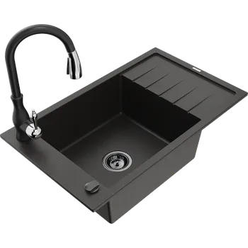 Mexen Elias granitový dřez 1-komorový s odkapávačem a kuchyňskou baterií Savita, černý/zlatý metalik - 6511-75-672601-70-B Granitové dřezy s baterií