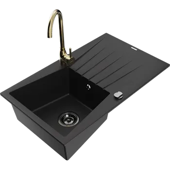 Granitový dřez Mexen Cesar granitový dřez 1-komorový s odkapávačem a kuchyňskou baterií Telma, černý - 6514-77-670200-50-B Granitové dřezy s baterií
