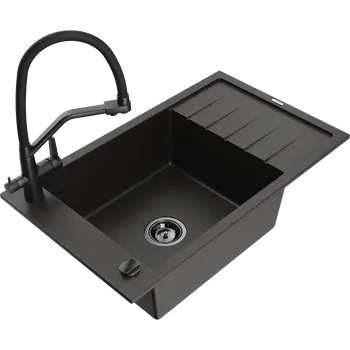 Granitový dřez Mexen Elias granitový dřez 1-komorový s odkapávačem a kuchyňskou baterií Duo, černý/zlatý metalik - 6511-75-671701-70-B Granitové dřezy s baterií