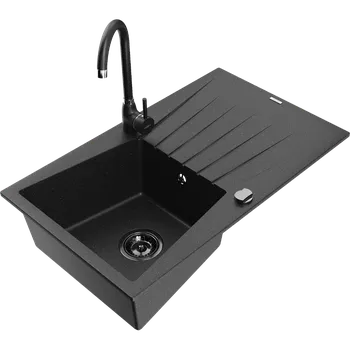 Granitový dřez Mexen Cesar granitový dřez 1-komorový s odkapávačem a kuchyňskou baterií Telma, černý/stříbrný - 6514-73-670200-70-B Granitové dřezy s baterií