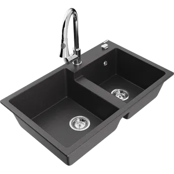 Granitový dřez Mexen Tomas granitový dřez 2-komorový s kuchyňskou baterií Elia, černý skvrnitý - 6516-76-670101-00 Granitové dřezy s baterií