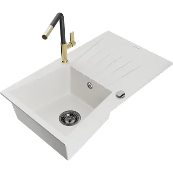 Granitový dřez Mexen Cesar granitový dřez 1-komorový s odkapávačem a kuchyňskou baterií Flora, bílý - 6514-20-670401-57-B Granitové dřezy s baterií