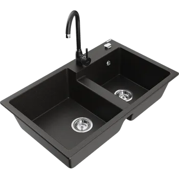 Granitový dřez Mexen Tomas dřez granitový 2-komorový s kuchyňskou baterií Telma, černý/zlatý metalik - 6516-75-670200-70 Granitové dřezy s baterií