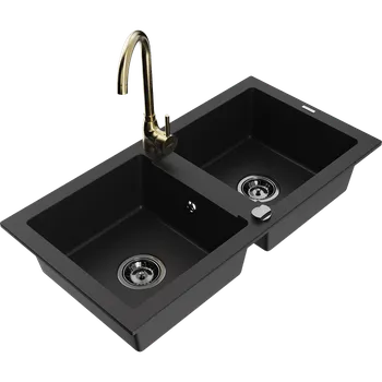 Granitový dřez Mexen Mario dřez granitový 2-komorový s kuchyňskou baterií Telma, černý - 6504-77-670200-50-B Granitové dřezy s baterií