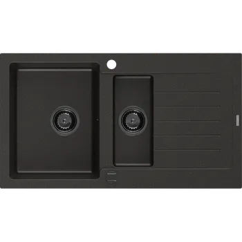 Granitový dřez Mexen Matias žulový dřez 1,5-komorový s odkapávačem 900 x 505 mm, černý/zlatý metalik, černý sifon - 6502901505-75-B Granitové dřezy