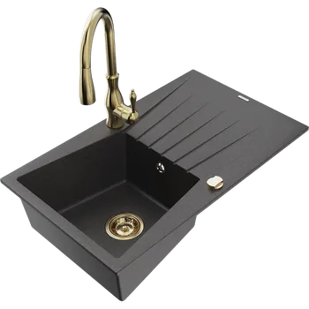 Granitový dřez Mexen Cesar dřez granitový 1-komorový s odkapávací plochou a kuchyňskou baterií Savita, černý posetý - 6514-76-672601-50 Granitové dřezy s baterií